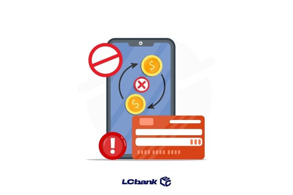 Ilustração de bloqueio de pagamento digital, com celular, moedas e cartão, representando impedimento financeiro ou restrição de crédito.